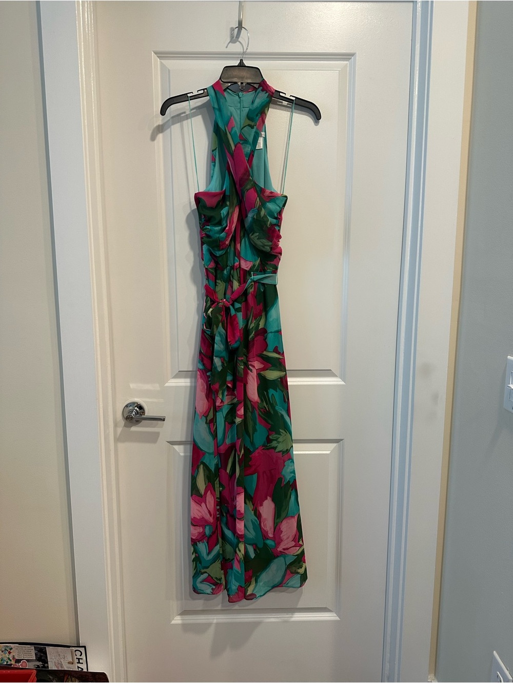 London Times Teal and Fuchsia Floral Halter Maxi Dress